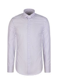 Camicia a maniche lunghe in tessuto bianco con pois blu. Presenta un colletto appuntito e una chiusura con bottoni sul davanti.