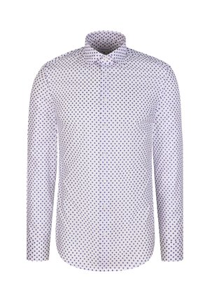 Langærmet skjorte i hvidt stof med blå polkaprikker. Har en spids krave og knaplukning foran.