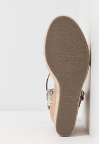 Semelle d'une sandale compensée avec une semelle extérieure en caoutchouc texturée, une semelle intermédiaire en liège et une tige en tissu avec un motif serpent, posée contre un mur blanc.