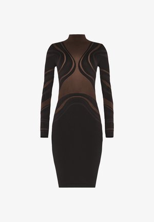 Sort tætsiddende kjole med lange ærmer, der har et gennemsigtigt brunt design med bølgede mønstre, en stående halsudskæring og en bodycon silhuet.