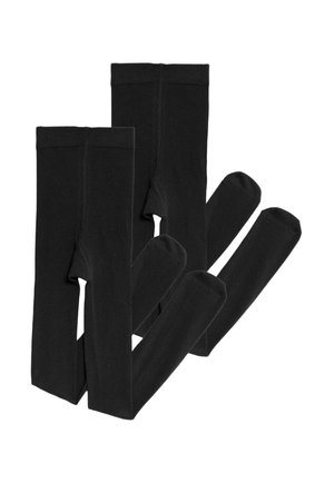 Leggings negras hechas de un material elástico y suave; cuentan con una cintura alta y un diseño de pierna ajustada, mostrados en pares de diferentes longitudes.