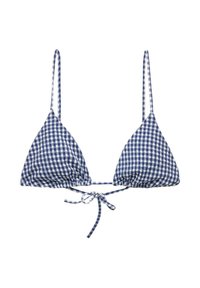 Haut de bikini en vichy bleu marine et blanc avec des bonnets triangulaires, des bretelles spaghetti réglables et une fermeture à nouer dans le dos. Texture en mélange de coton.