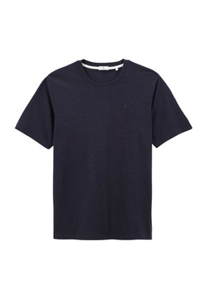 T-shirt bleu marine à manches courtes avec un col rond et un petit logo brodé sur la poitrine gauche.