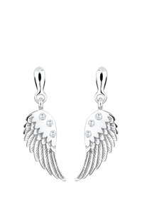 Boucles d'oreilles en argent en forme d'ailes, avec des détails de plumes gravés et trois pierres claires, finition polie et fermoir à crochet.