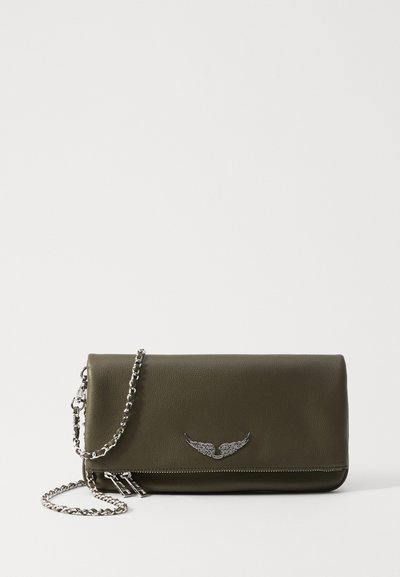 Olive green leather clutch bag with a metallic wing accent, featuring a chain strap and zip closure, smooth texture, and rectangular shape.