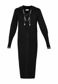 Zwarte gebreide jurk met capuchon, trekkoordsluiting, contrasterende gouden accenten op de mouwen en geribbelde textuur. Middellange uitvoering.
