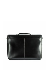 Czarna skórzana teczka o gładkiej teksturze, z klapką i uchwytem u góry. Posiada dwie pionowe szwy na środku. Dołączony regulowany pasek na ramię.