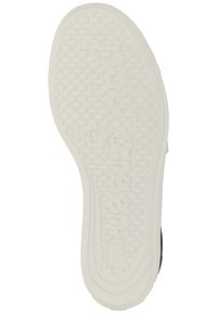 Semelle en caoutchouc blanche avec une surface texturée et des motifs circulaires, comportant le mot « happygreen » en relief sur le dessous.