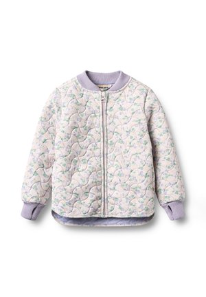 Gequilte lichtpaarse kinderjas met pastelkleurige bloemenpatronen, geribde kraag en manchetten, en een ritssluiting aan de voorkant.