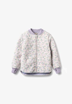 Chaqueta acolchada para niños de color lila claro con estampados florales en tonos pastel, cuello y puños acanalados, y cierre frontal con cremallera.