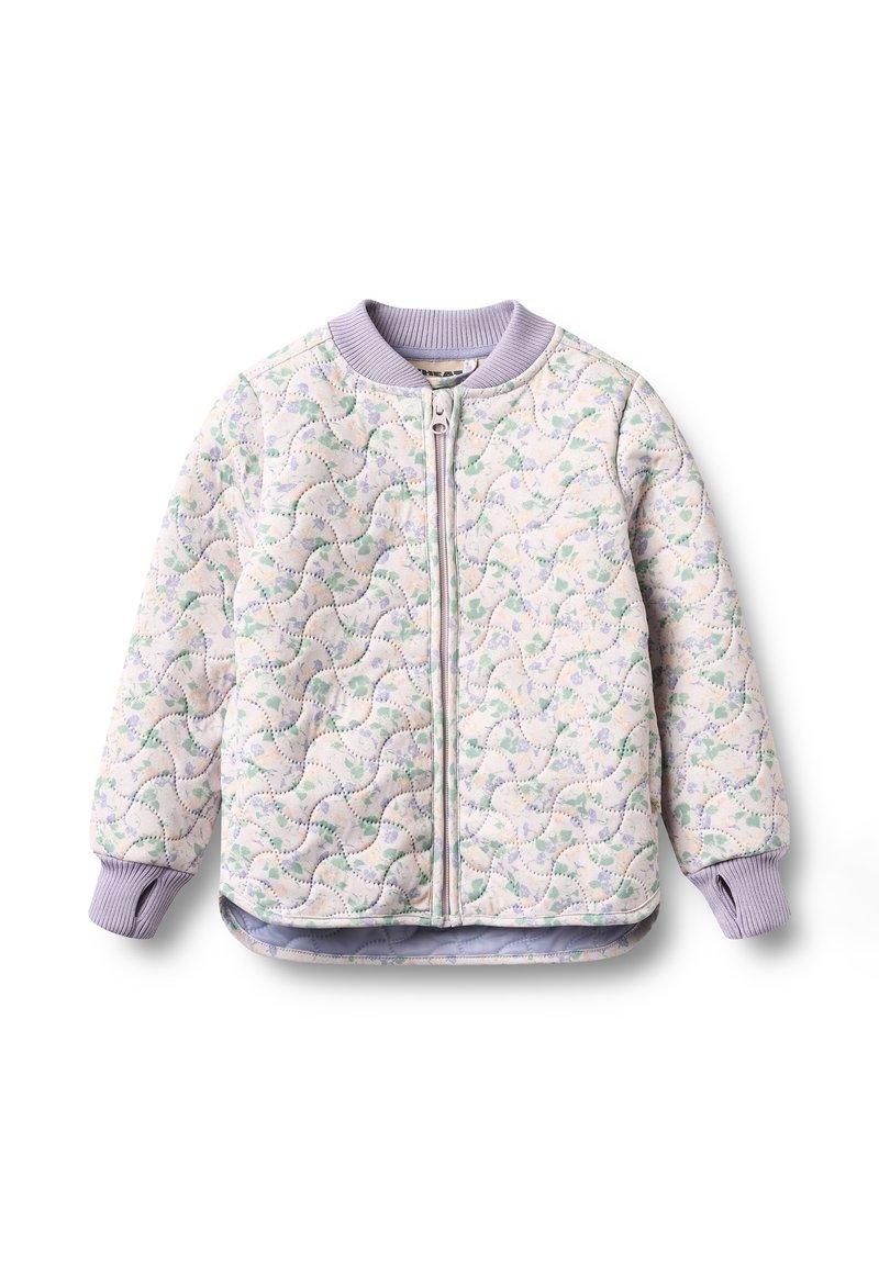 Quiltet lyse lilla børnejakke med pastelfarvede blomsterprint, ribbet krave og manchetter, samt lynlåslukning foran.