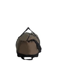 Borsa a tracolla di colore verde oliva scuro e nero. Realizzata in tessuto resistente, presenta due manici superiori e una tasca laterale. Dotata di chiusura con zip.