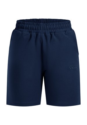 Marineblå bomulds shorts med elastisk talje, sidelommer og subtil "Smilada" broderi på den nedre venstre side.