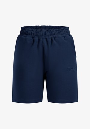Marineblå bomulds shorts med elastisk talje, sidelommer og subtil "Smilada" broderi på den nedre venstre side.