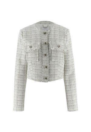 Veste courte en tweed blanc avec un motif texturé. Dotée de deux poches poitrine et de cinq boutons ronds pour la fermeture.
