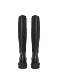 Botas de cuero negro hasta la rodilla con un acabado suave, costuras verticales y un tacón reforzado. Cuentan con un cierre de cremallera en la parte trasera.