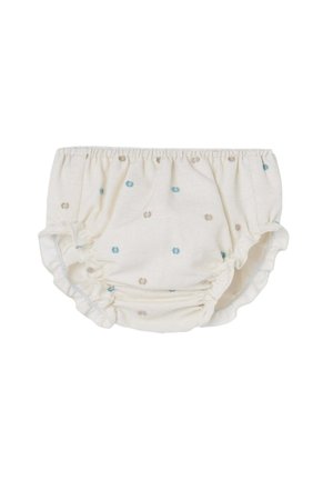 Culotte en coton avec ceinture élastique, fond crémeux et petits points bleus et bruns. Bordures volantes le long des ouvertures des jambes.