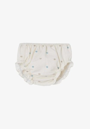 Culotte en coton avec ceinture élastique, fond crémeux et petits points bleus et bruns. Bordures volantes le long des ouvertures des jambes.
