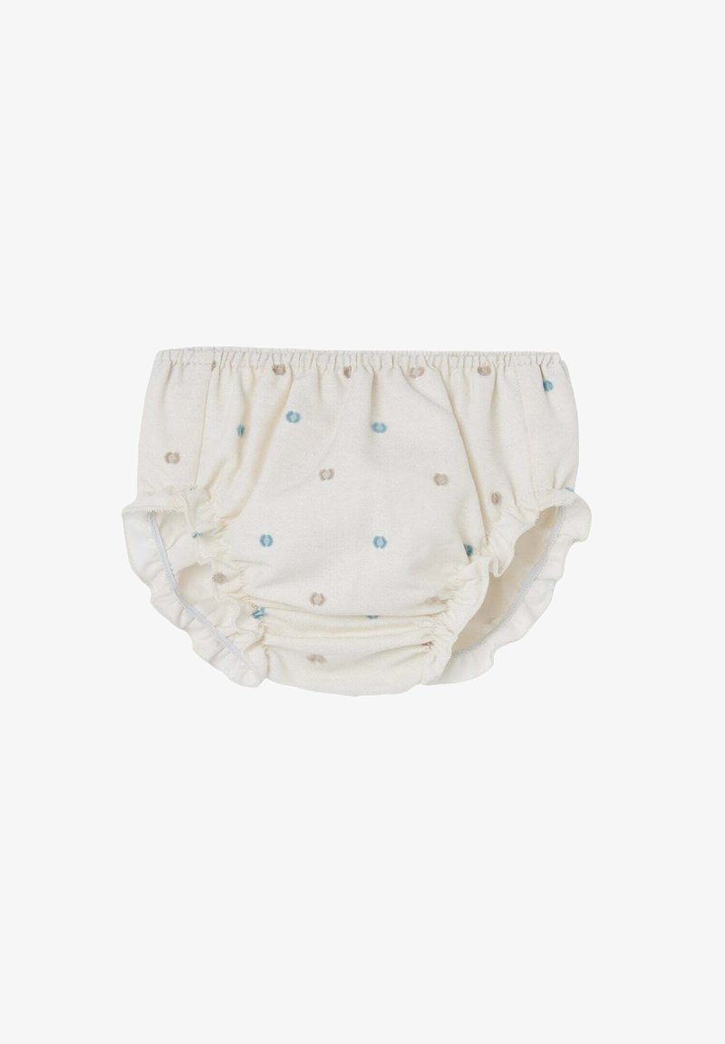 Culotte en coton avec ceinture élastique, fond crémeux et petits points bleus et bruns. Bordures volantes le long des ouvertures des jambes.