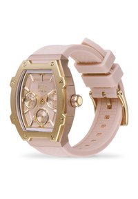 Montre dorée avec un cadran octogonal, un bracelet en silicone rose et trois sous-compteurs. Présente un cadran texturé et des accents dorés.
