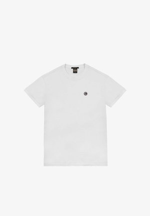 Weißes T-Shirt mit kurzen Ärmeln und Rundhalsausschnitt, mit kleinem rundem Logo auf der linken Brust.