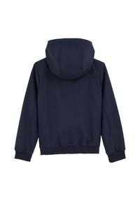 Mornarska kapuca s sweatshirt z gladko, mat teksturo; vključuje šive ob ramenih ter pas za rob in manšete.