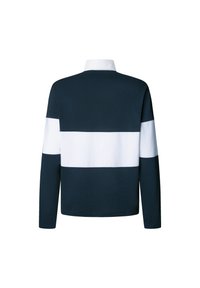 Mørkeblå langærmet polo med en hvid vandret stribe hen over brystet. Har en klassisk krave og ribbet tekstur.