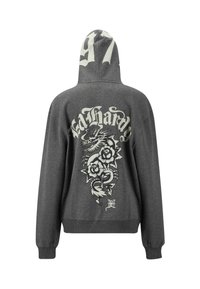 Gray hoodie with a large dragon and floral design on the back, featuring bold lettering and a hood. Soft textured fabric.