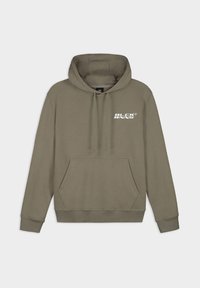 Olive green hoodie made of soft fabric, featuring a kangaroo pocket, adjustable drawstrings, and white "BLCK BNNS" logo on the chest.