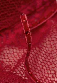 Red lace garment detail featuring a thin strap embellished with red rhinestones along the edge, all set against a textured background.