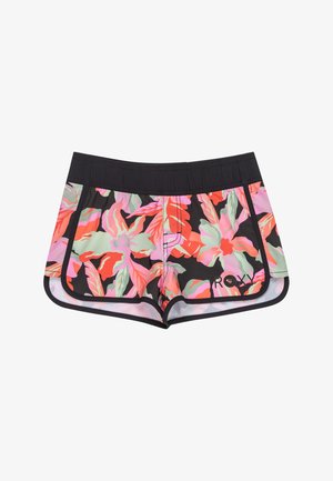 Bloemrijke zwembroek met een zwarte achtergrond en levendige roze, rode en groene bladpatronen. Elastische tailleband en contrasterende randen.