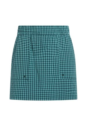 Rok met teal en zwart ruitpatroon, voorzien van een elastische tailleband en een zijzak. Soepele textuur, boven-de-knie lengte, casual ontwerp.