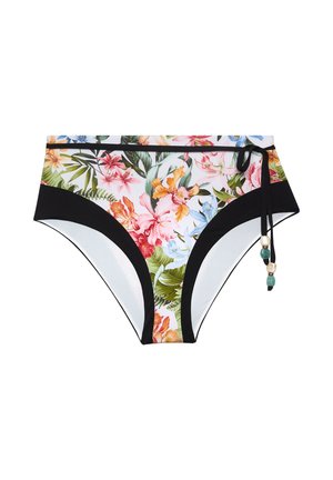 High-waist bikini bottom with colorful tropical floral print, black side panels, and a black tie with decorative beads on the right hip.