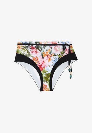 High-waist bikini bottom with colorful tropical floral print, black side panels, and a black tie with decorative beads on the right hip.