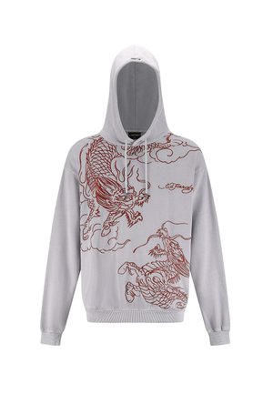 Grauer Hoodie mit roten Drachendesigns auf der Vorderseite, Kängurutasche und verstellbarem Kordelzug in der Kapuze. Weicher Stoff mit gerippten Bündchen.