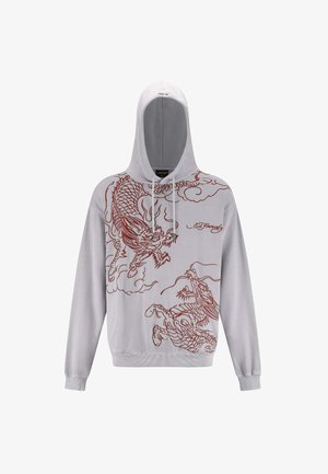 Szary hoodie z czerwonymi wzorami smoka z przodu, z kieszenią kangurką oraz regulowanym kapturem na sznurki. Miękka tkanina z ściągaczami przy mankietach.