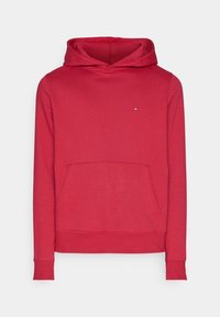 Sudadera con capucha roja hecha de mezcla de algodón. Cuenta con un bolsillo frontal tipo canguro y puños acanalados, con un pequeño logo bordado en el pecho.