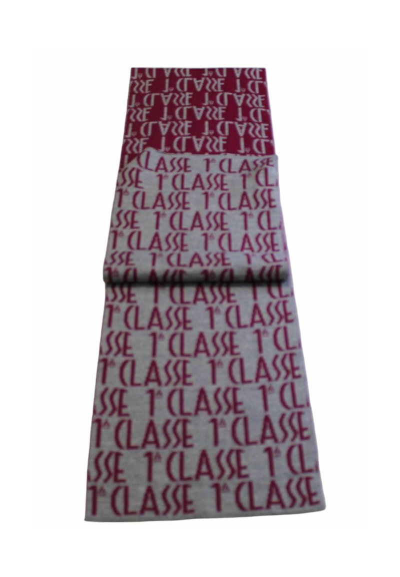 Tessuto intrecciato con tonalità alternate di bordeaux e grigio, con la ripetizione del testo "1ère CLASSE" in un carattere in grassetto su tutta la superficie.
