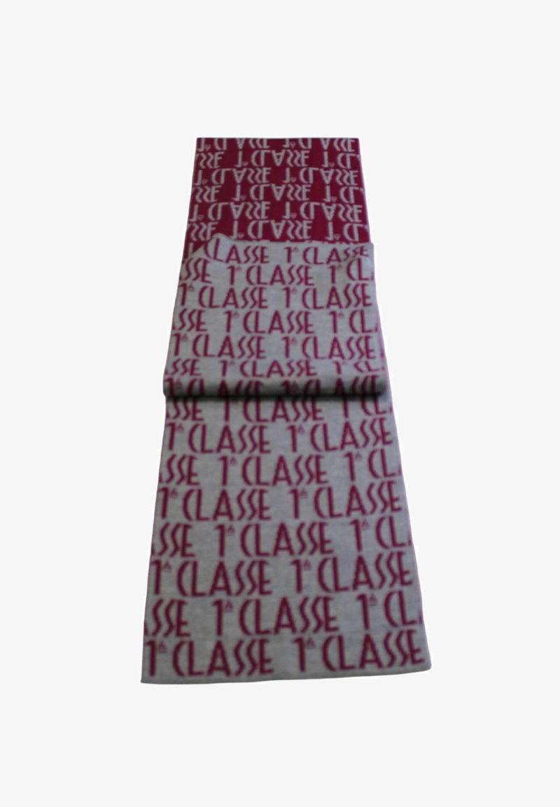 Tessuto intrecciato con tonalità alternate di bordeaux e grigio, con la ripetizione del testo "1ère CLASSE" in un carattere in grassetto su tutta la superficie.