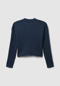 Marineblauer, kurzes Strickpullover mit strukturiertem Kabelmuster, geripptem Ausschnitt und langen Ärmeln. Weicher Stoff mit glatter Oberfläche.