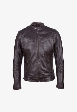 Braune Lederjacke mit Reißverschluss vorne, gerippten Schulterakzenten und zwei Brust- sowie zwei seitlichen Reißverschlusstaschen. Glatte Textur und figurbetontes Design.