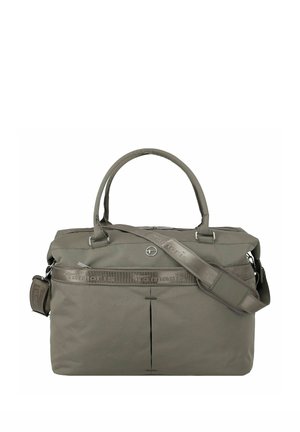 Gray soft fabric tote bag with double handles and adjustable shoulder strap, front zip pocket, and subtle branding details.