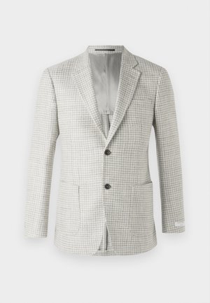 Ljust grå blazer med rutmönster, två framfickor, enkelknäppning och grå foder. Klassisk skräddad design.