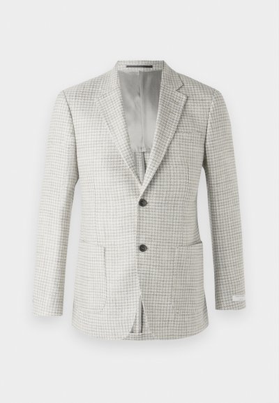Hellgrauer Blazer mit kariertem Muster, zwei Fronttaschen, Ein-Knopf-Verschluss und grauem Futter. Klassisches, tailliertes Design.