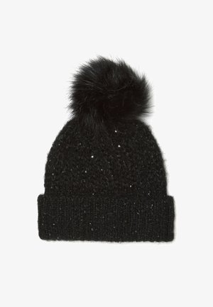 Black knitted beanie with a fur pom-pom on top, featuring a textured pattern and small shiny accents throughout the fabric.
