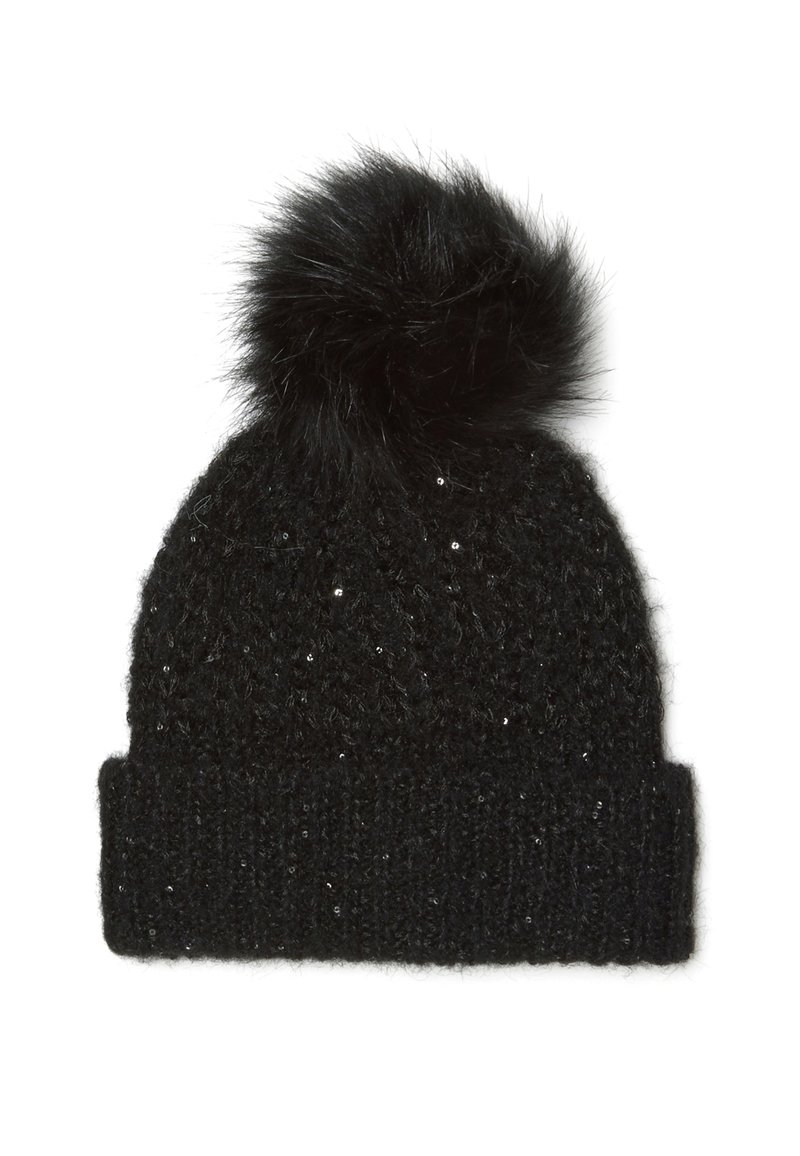 Zwarte gebreide beanie met een bont pompon bovenop, voorzien van een gestructureerd patroon en kleine glanzende accenten in de stof.