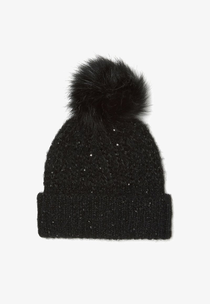 Gorro de punto negro con un pompón de piel en la parte superior, con un patrón texturizado y pequeños acentos brillantes en toda la tela.