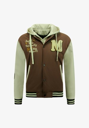 Bruine en crèmekleurige jas met een rits en drukknoopsluiting, voorzien van geborduurde letters, zijzakken, geribbelde manchetten en een gestreepte zoom.