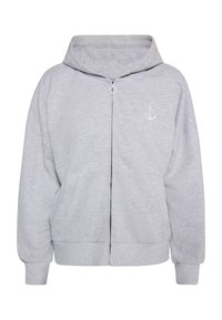 Graue Zip-Hoodie aus weichem Stoff. Mit einer großen Kapuze, Fronttaschen und einem gestickten Ankerdetail auf der linken Brust.
