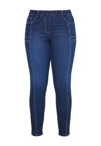 Tmavě modré džíny legíny s elastickým pasem, předními kapsami a kontrastním prošitím po stranách. Hladká textura a přiléhavý střih.